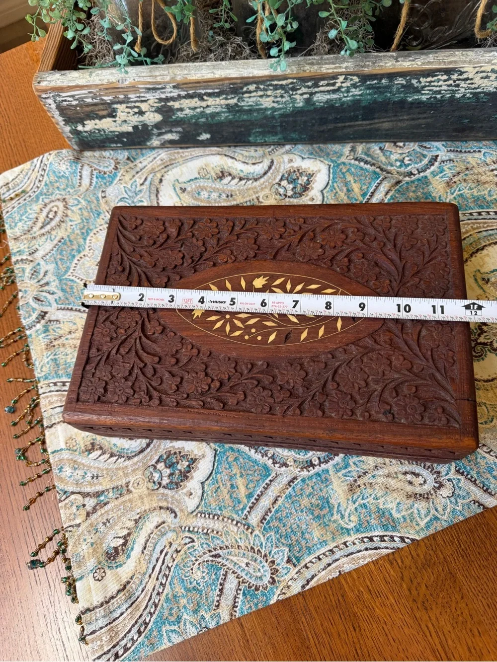 Carved Wood Jewelry Box Floral Inlay Large Keepsake Chest Vintage